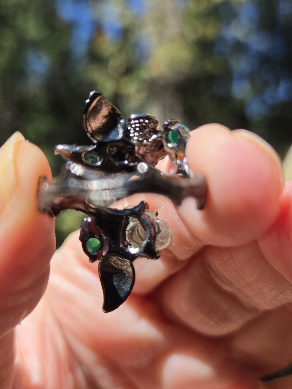 Tourmaline Peridot&Green Onyx Sterling Rhodium&Gold Floral Finger Cuff 6.25 - Picture 9 of 10